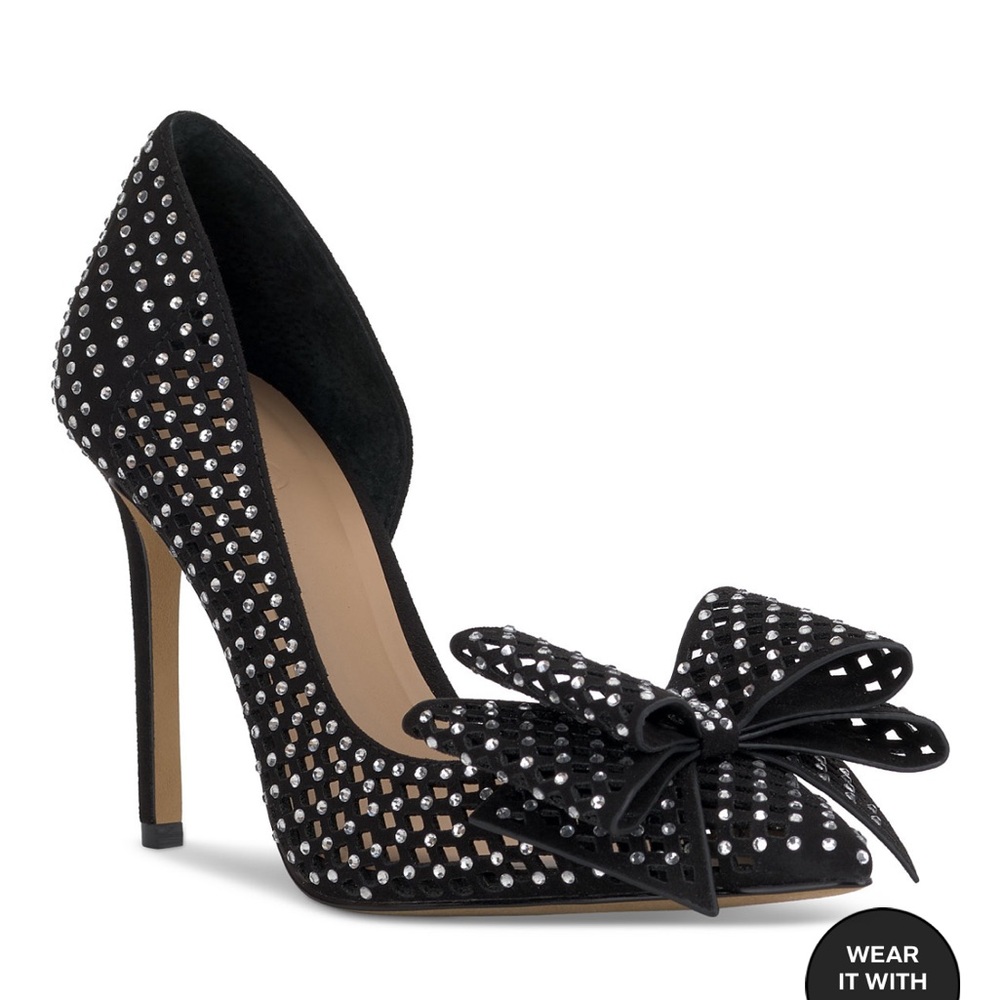 Elegant Black Rhinestone Studded Pumps with Bow